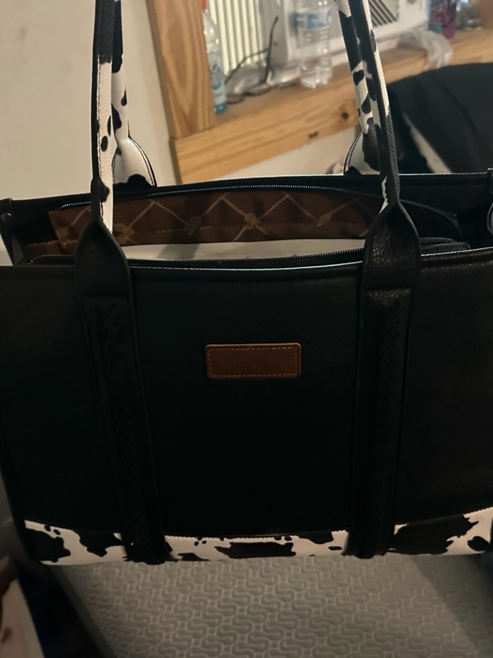 Wrangler Black Tote with Black-and-White Cow Print Accents